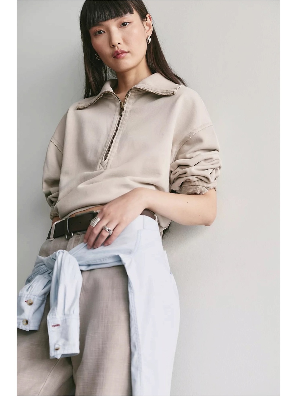 Free People Parker Cotton Half-Zip Pullover Sweatshirt Neutral Beige Size XL NWT